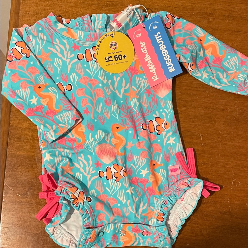 Ruffle Butts Aqua and Pink Kids Swimwear